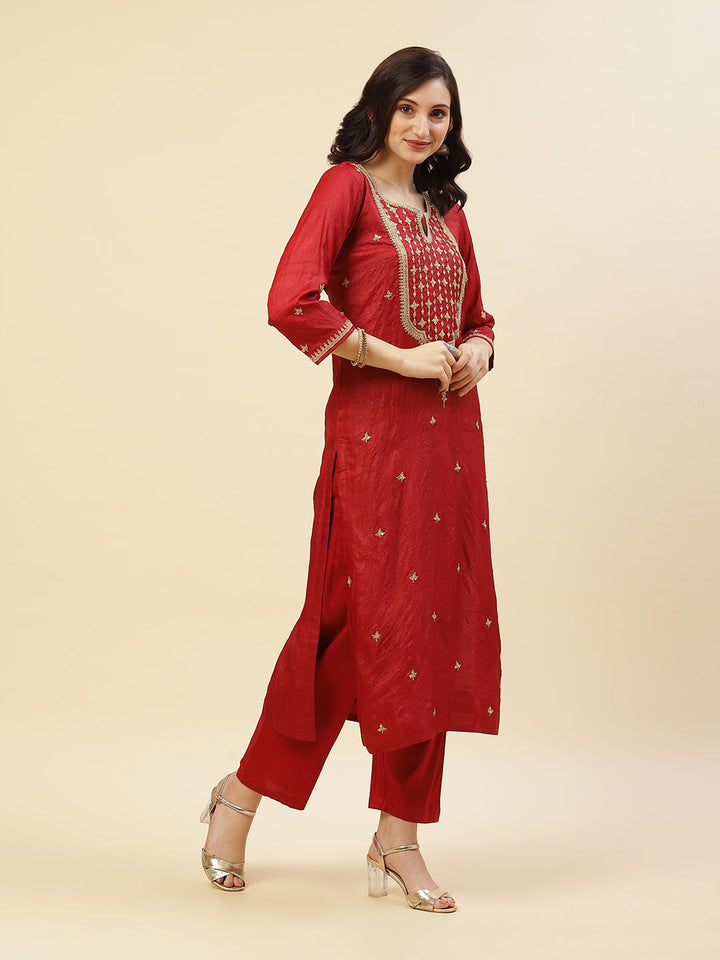 Embroidered Tussar Kurti With Pant