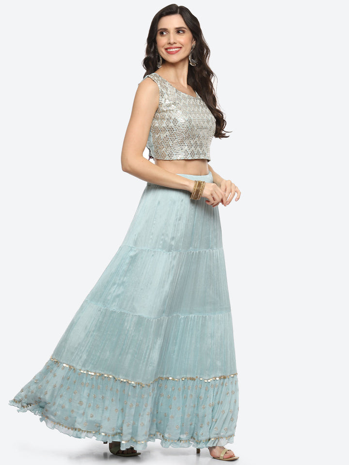 Resham Embroidered Crepe Choli Jacket With Lehenga &amp; Dupatta