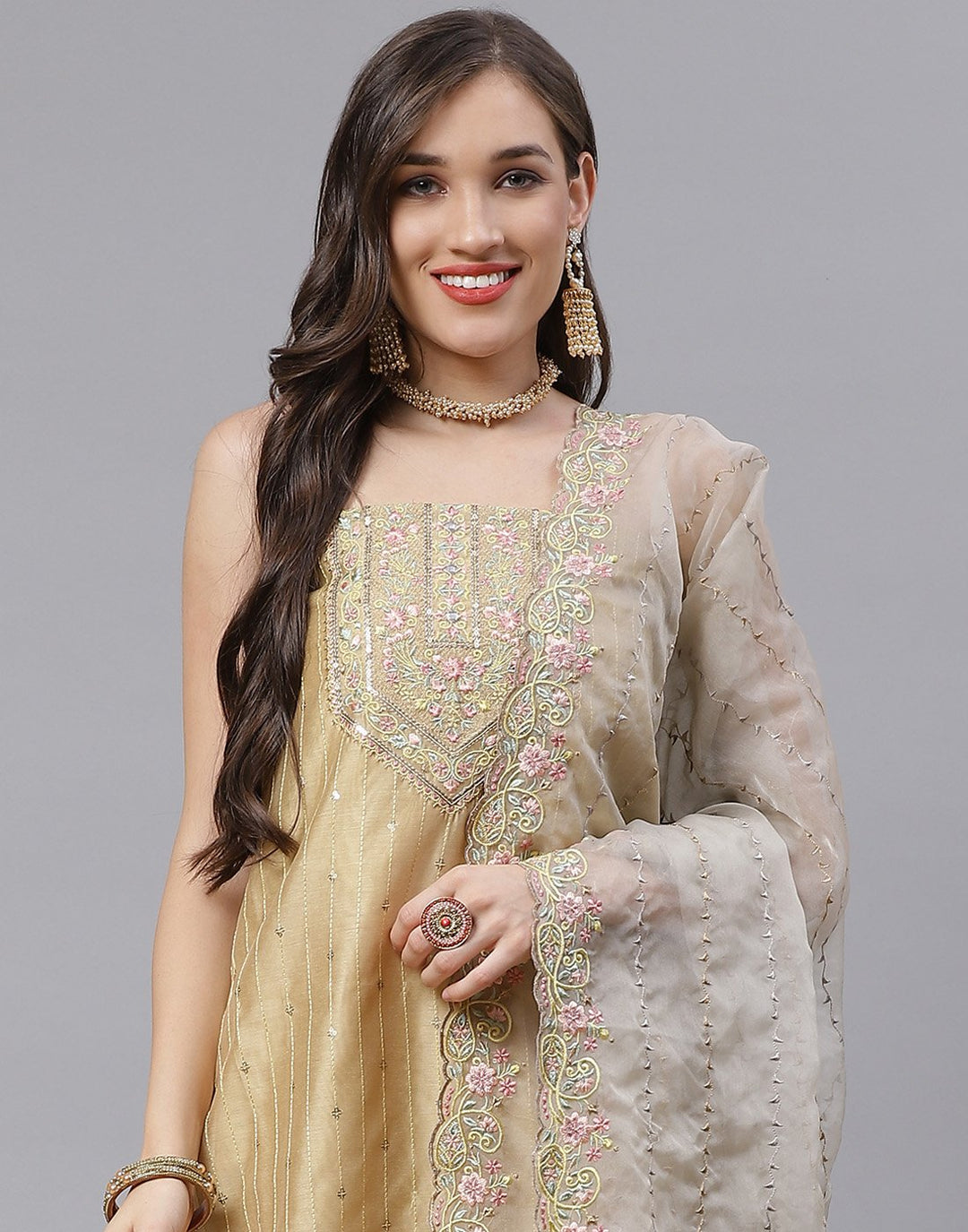 Chanderi Embroidered Suit Piece with fancy dupatta