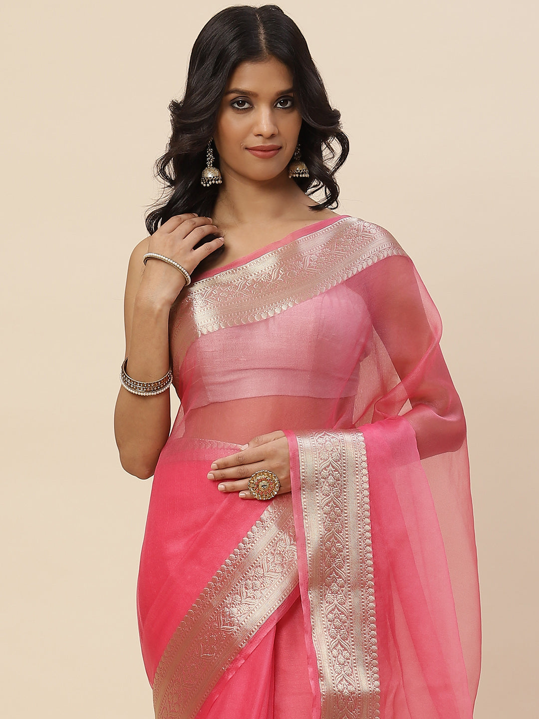 Zari Border Organza Plain Saree