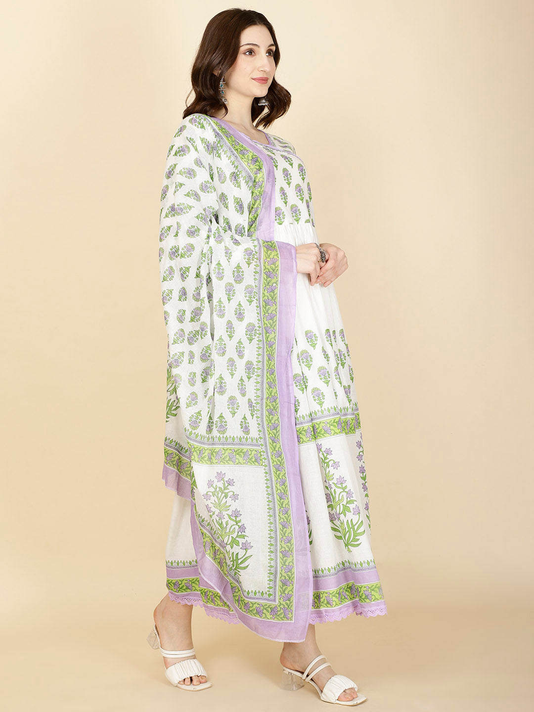 Floral Printed Cotton Kurta With Pants &amp; Dupatta