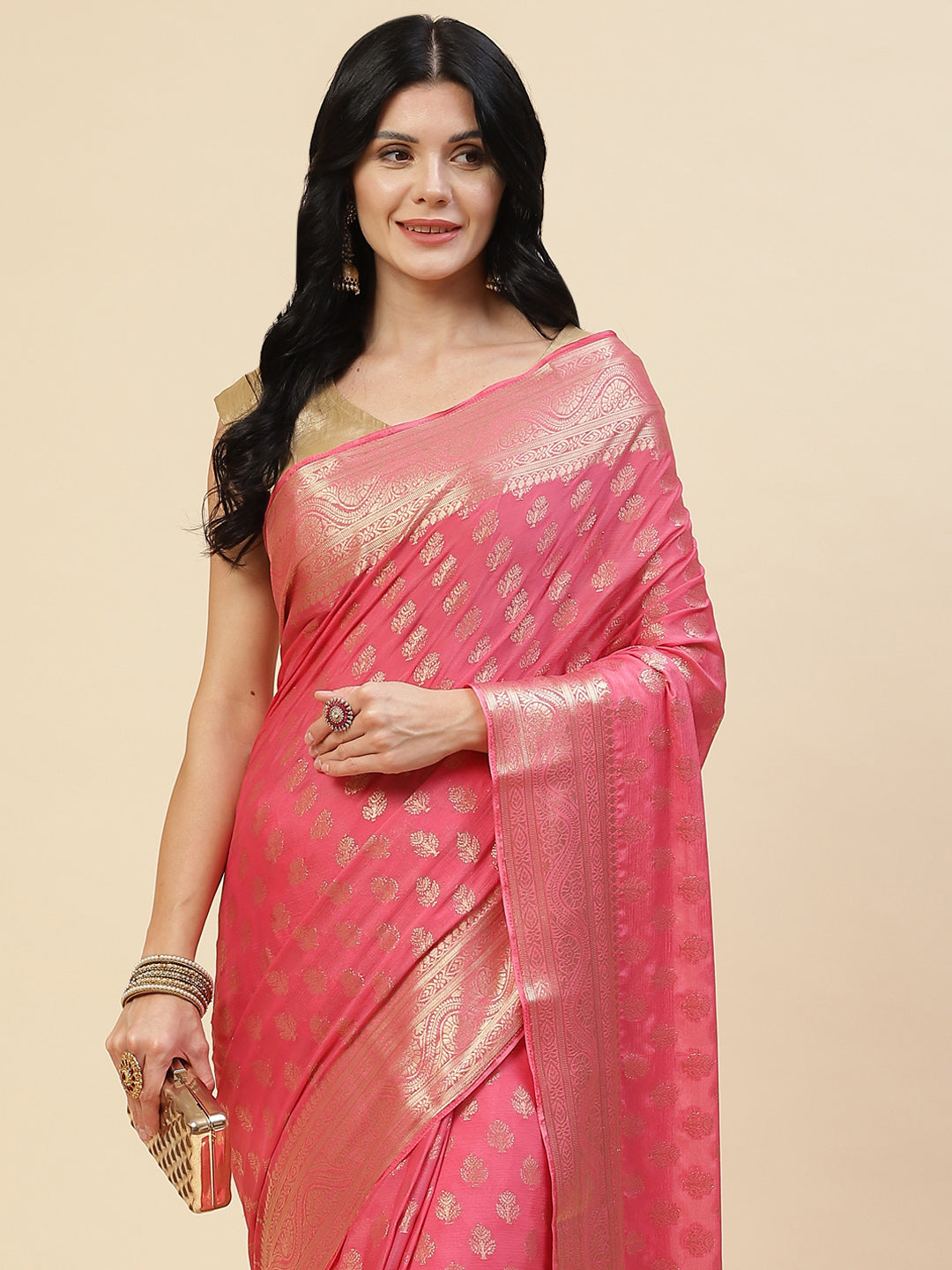 Zari Border Booti Chiffon Plain Saree
