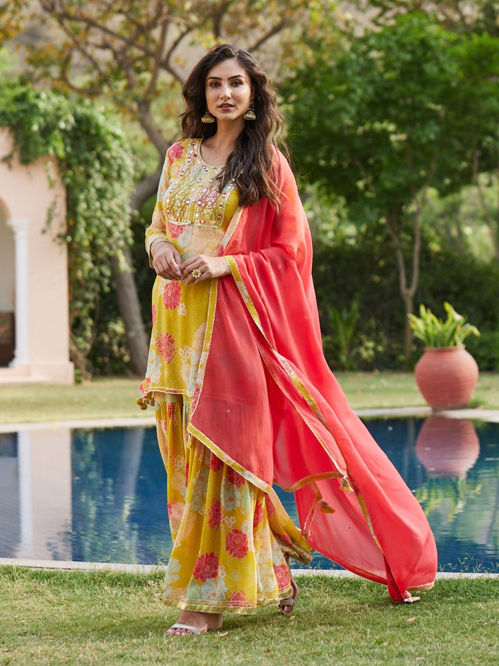 Floral Printed Cotton Kurta With Garara &amp; Dupatta