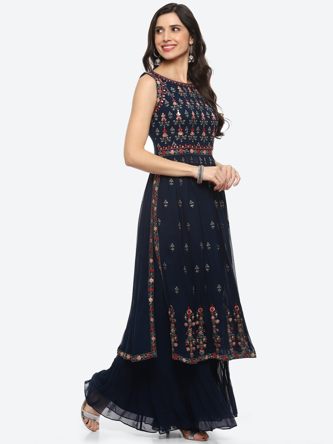 Resham Mirror Booti Georgette Kurta With Churidar &amp; Net Dupatta