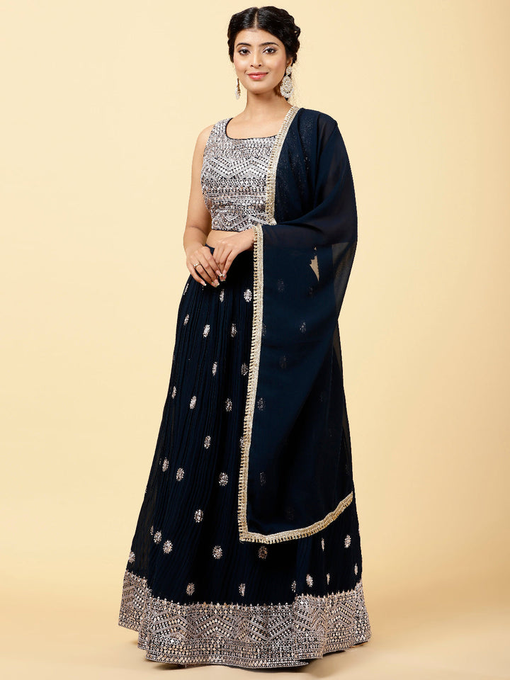 Sequin Embroidered Georgette Choli With Lehenga &amp; Dupatta