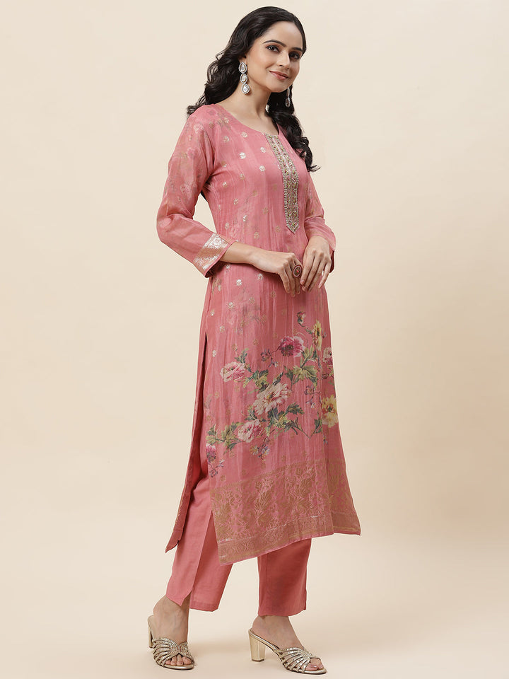 Floral Printed Organza Kurta With Pants &amp; Dupatta