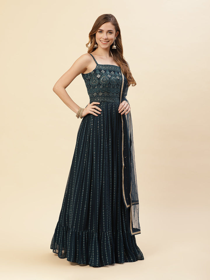 Embroidered Art Georgette Anarkali Kurti With Chudidar And Net Dupatta