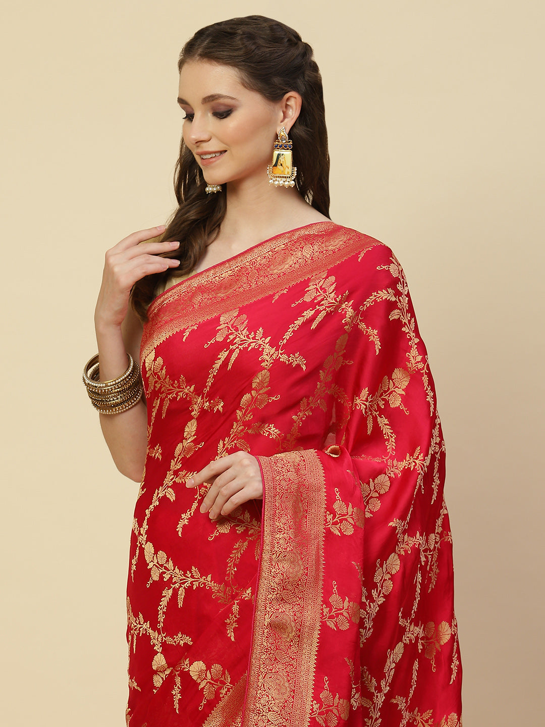 Floral Zari Jaal Satin Woven Saree
