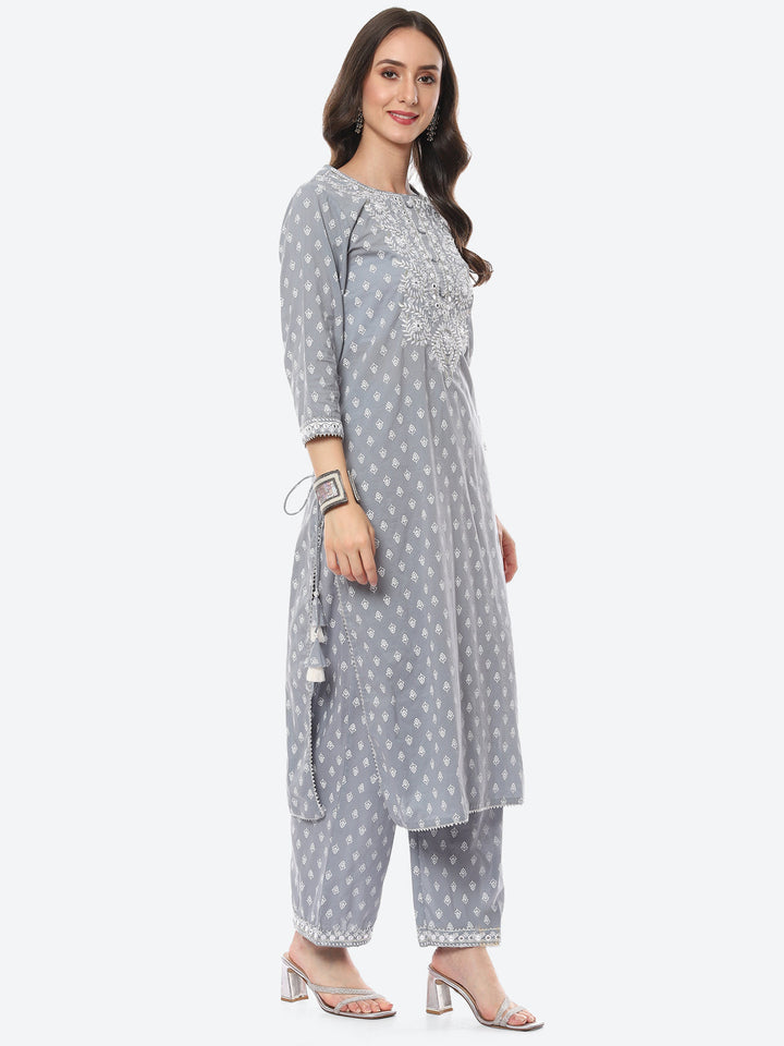 Resham Work Printed Cotton Kurta With Palazzo