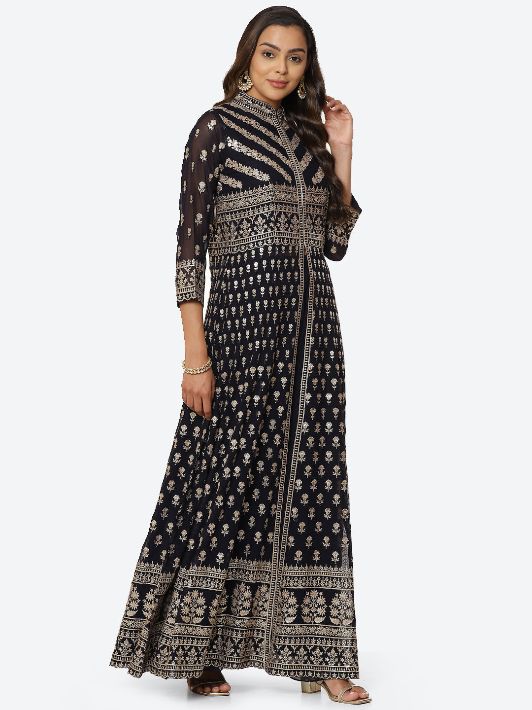 Zari Booti Georgette Kurta With Palazzo &amp; Net Dupatta