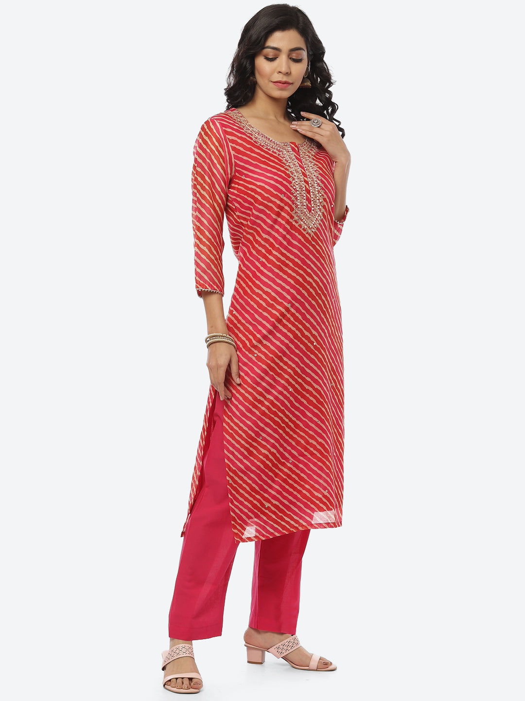 Printed Neck Embroidered Chanderi Kurti With Pant