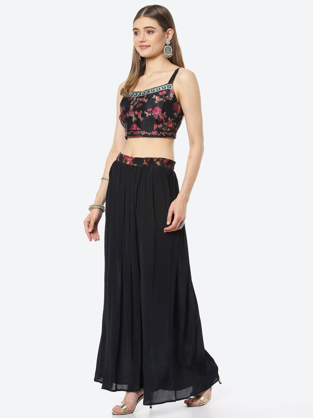 Digital Floral Printed Crepe Crop Top With Sharara &amp; Jacket