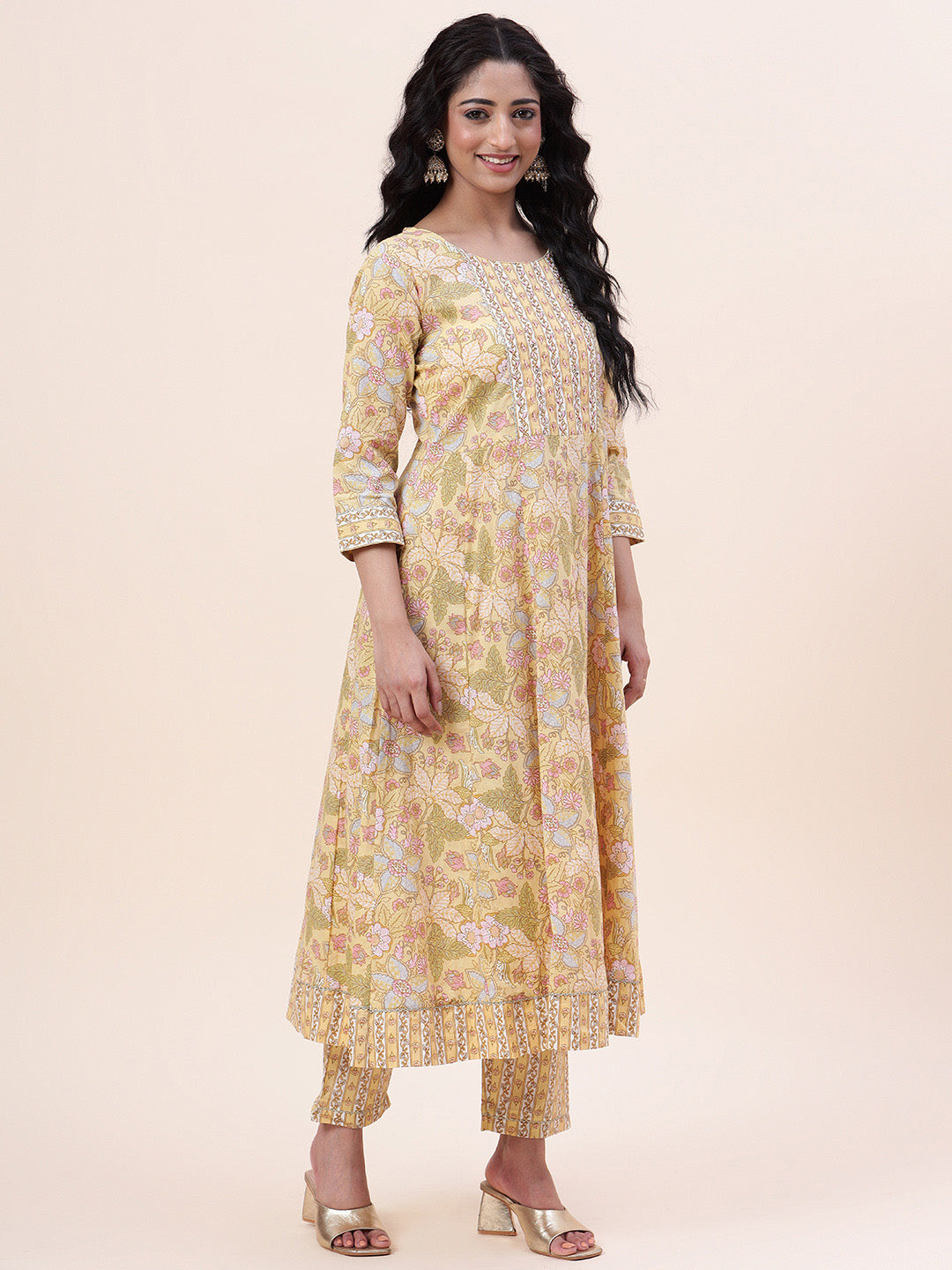 Floral Printed Cotton Kurta With Pants &amp; Dupatta