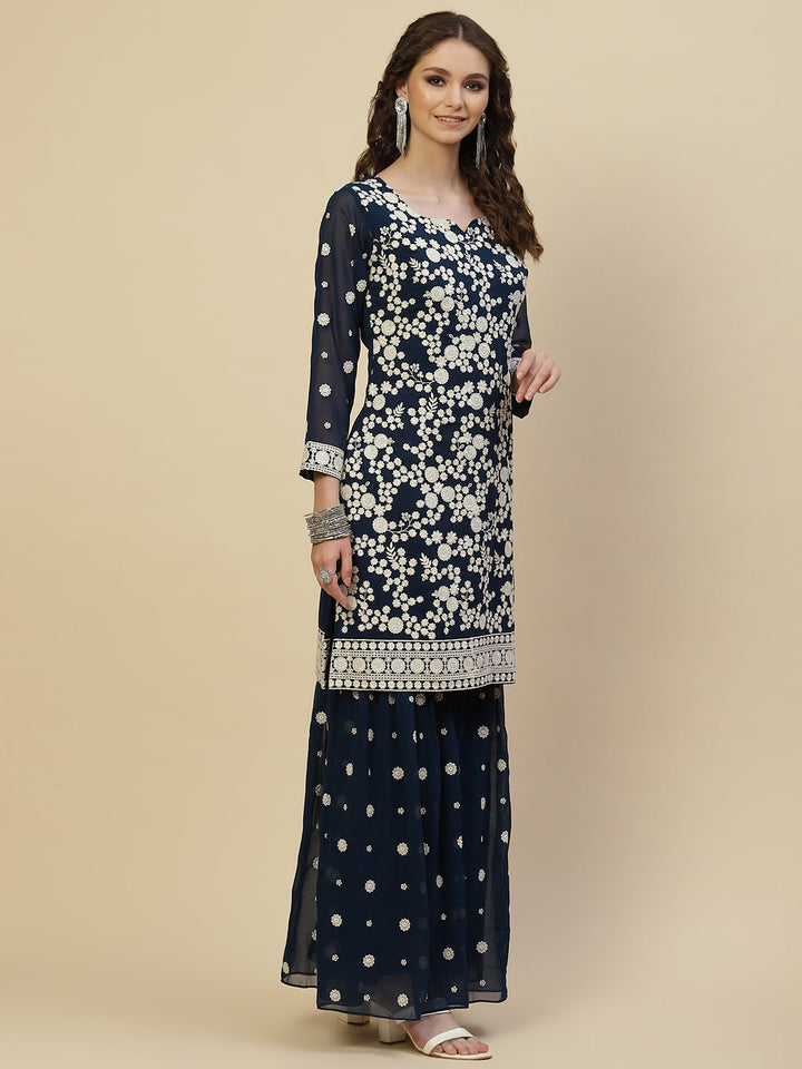Resham Embroidered Georgette Kurta With Garara &amp; Dupatta