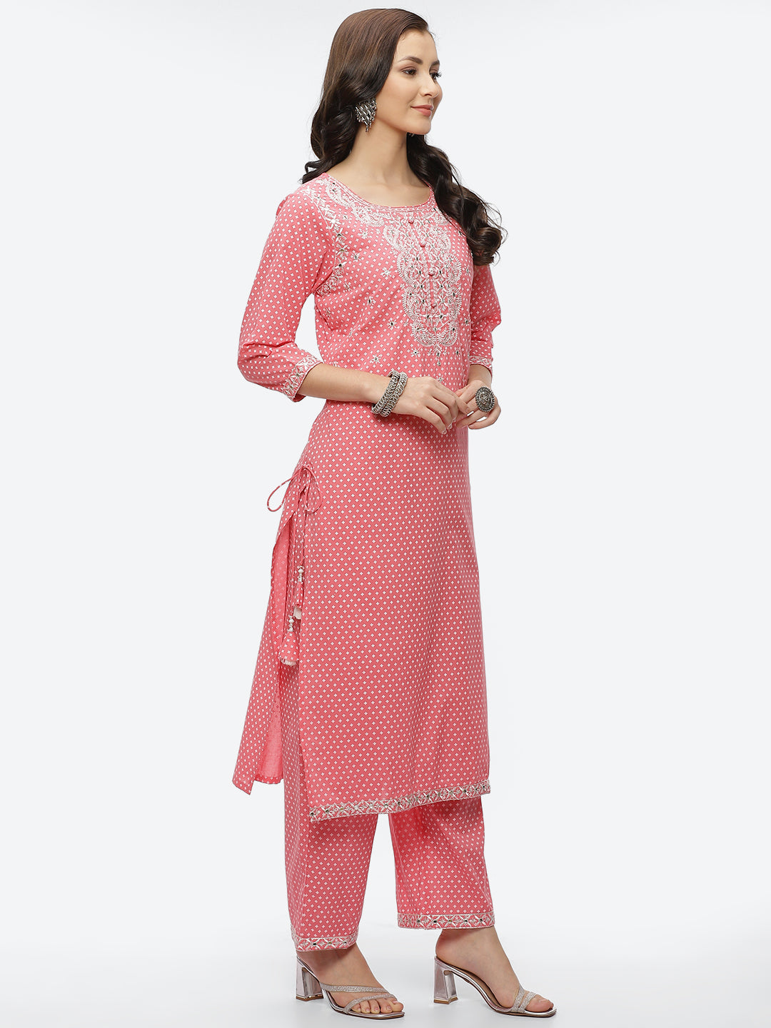 Mirror Neck Embroidered Cotton Kurta With Palazzo
