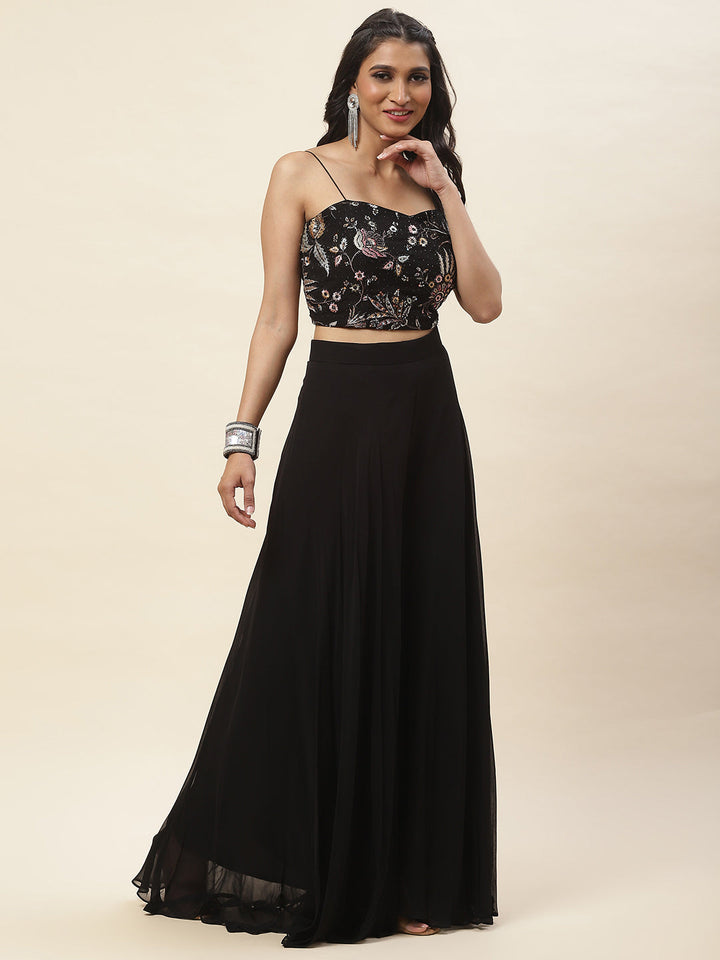 Sequence Embroidered Georgette Crop Top With Palazzo &amp; Jacket