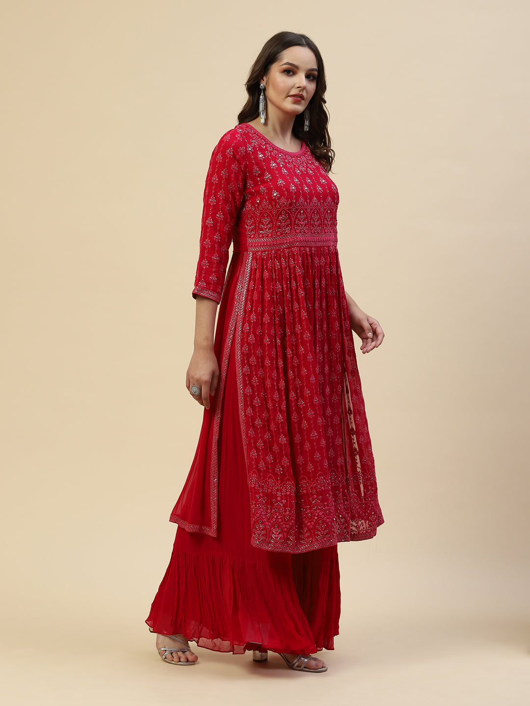 Embroidered Georgette Kurta With Palazzo &amp; Dupatta