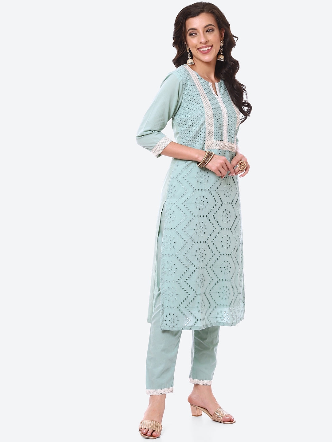 Cut Work Cotton Kurta With Pant