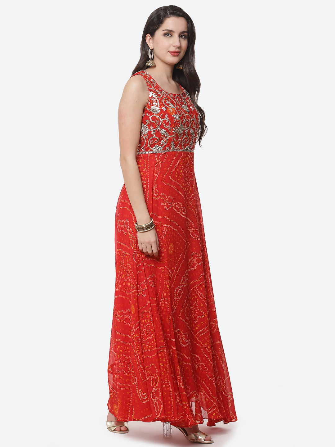 Bandhej Printed Georgette Stitched Anarkali Salwar Kameez With Net Dupatta