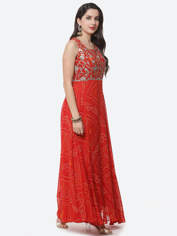 Bandhej Printed Georgette Stitched Anarkali Salwar Kameez With Net Dupatta