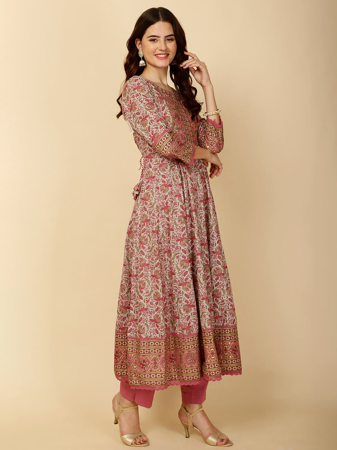 Floral Block Printed Anarkali Kurta With Pants &amp; Dupatta
