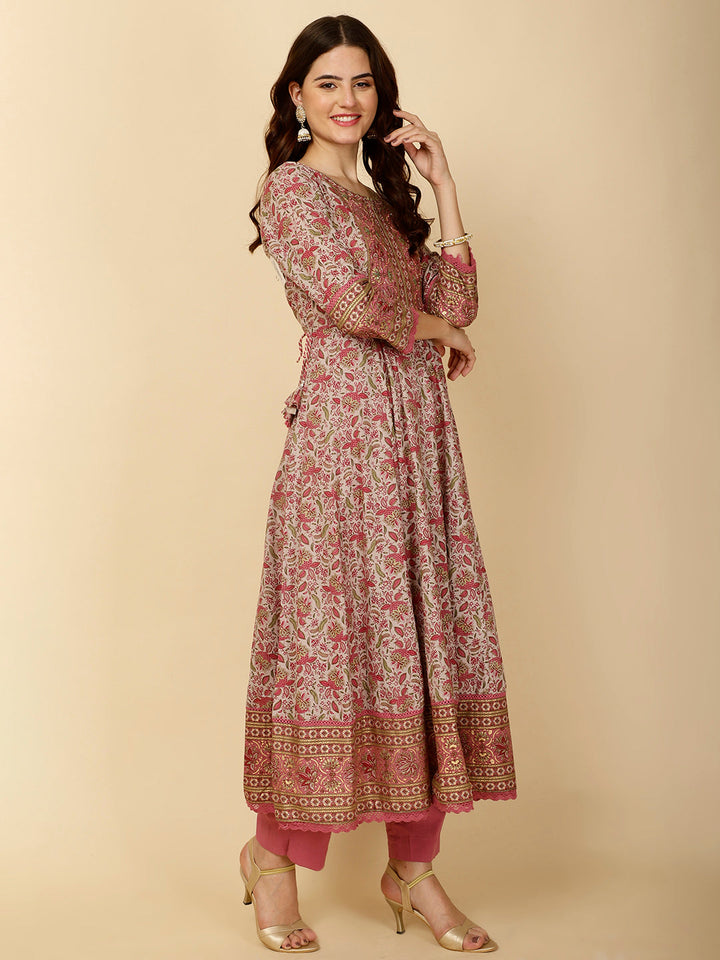 Floral Block Printed Anarkali Kurta With Pants &amp; Dupatta