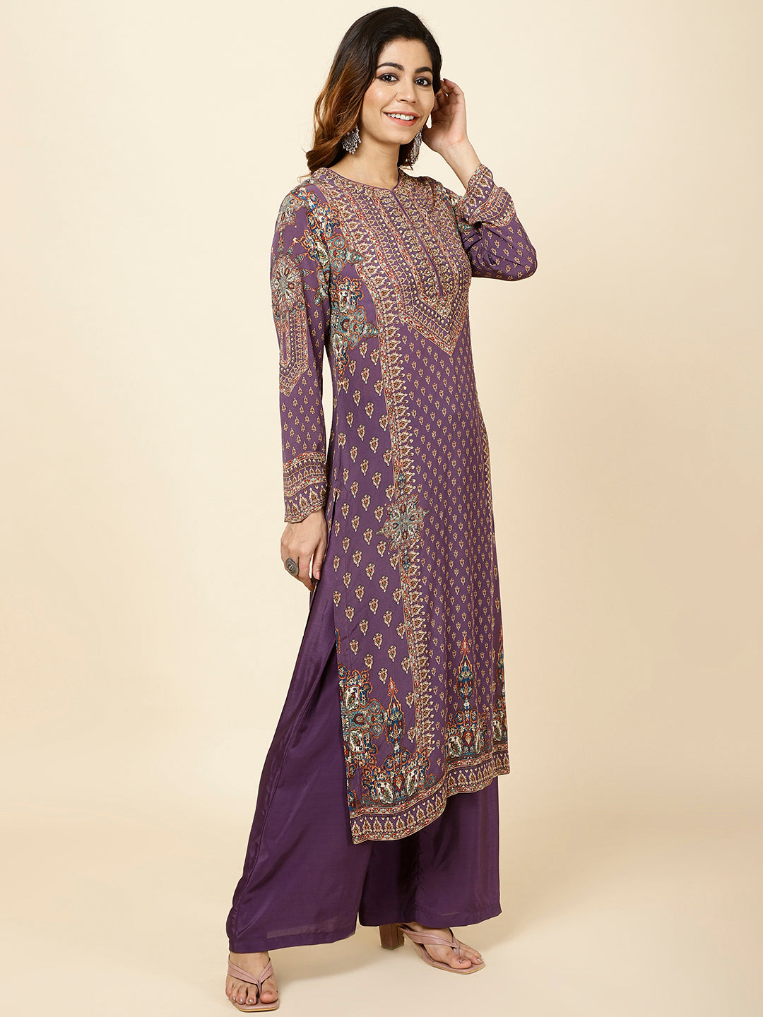 Digitally Printed Crepe Kurta With Palazzo &amp; Dupatta
