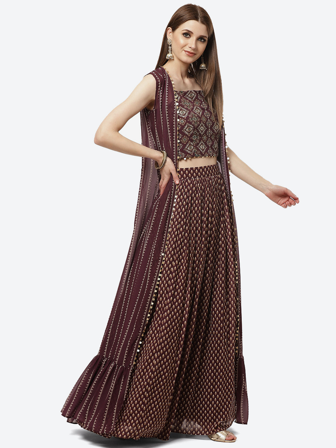 Paisley Printed Crepe Jacket With Lehenga Choli And Net Dupatta