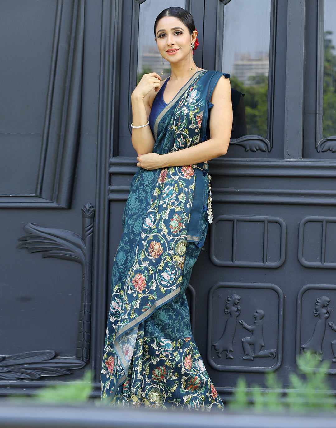 MBZ Meena Bazaar-Blue  Kalamkari Printed Cotton Mirror Work Saree