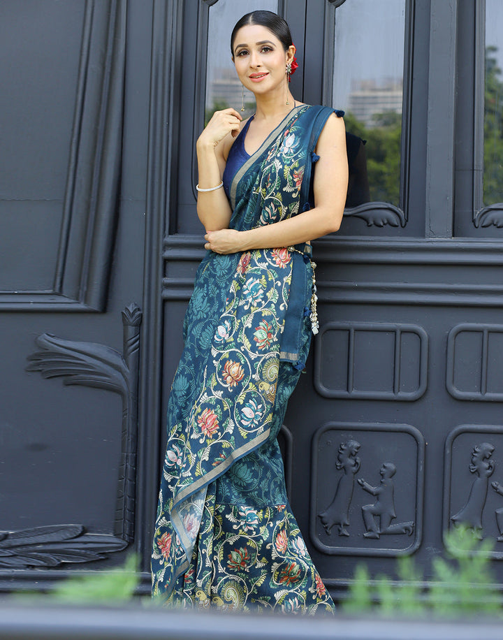 MBZ Meena Bazaar-Blue  Kalamkari Printed Cotton Mirror Work Saree