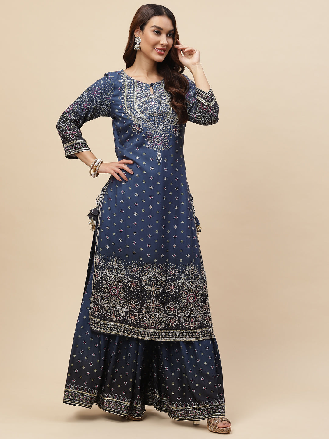 Bandhani Printed Muslin Kurta With Sharara &amp; Dupatta
