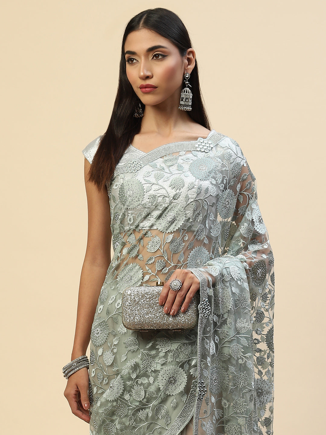 Floral Embroidered Net Saree