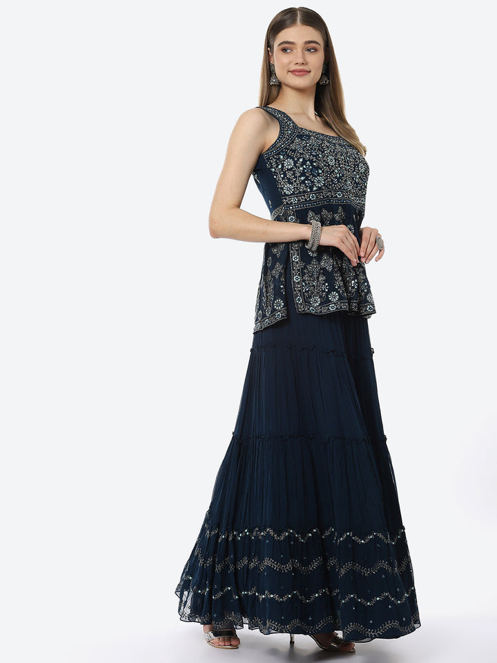 Resham Embroidered Georgette Choli With Lehenga &amp; Net Dupatta