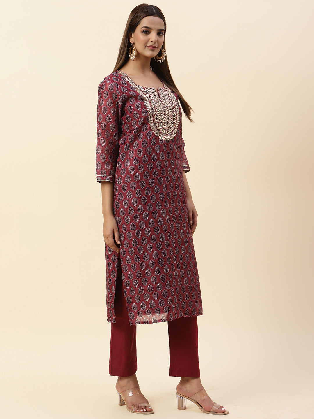 Printed &amp; Neck Embroidered Chanderi Kurta With Pants