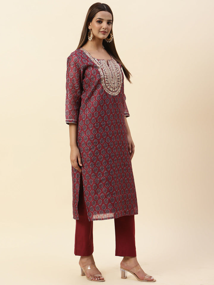 Printed &amp; Neck Embroidered Chanderi Kurta With Pants