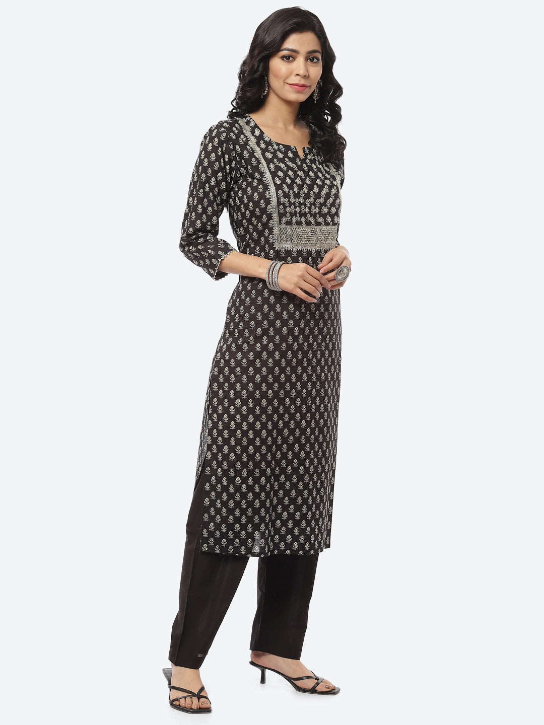 Printed Zari Neck Cotton Kurti With Pant