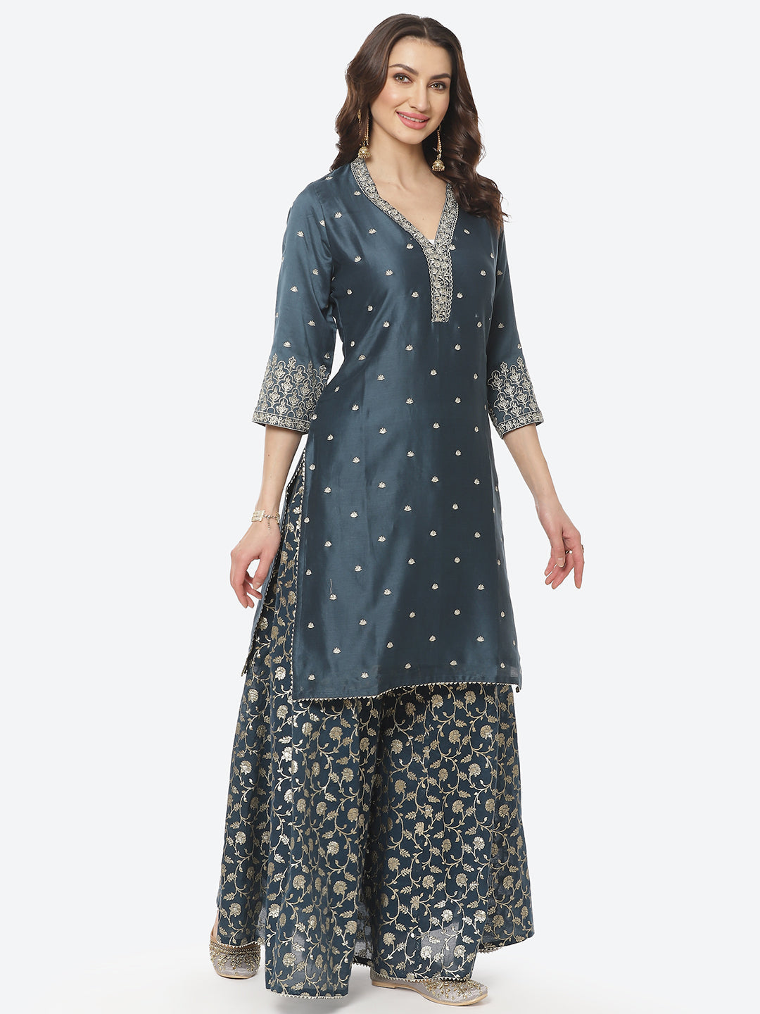 Zari Booti Embroidered Cotton Chanderi Stitched Salwar Kameez With Chiffon Dupatta