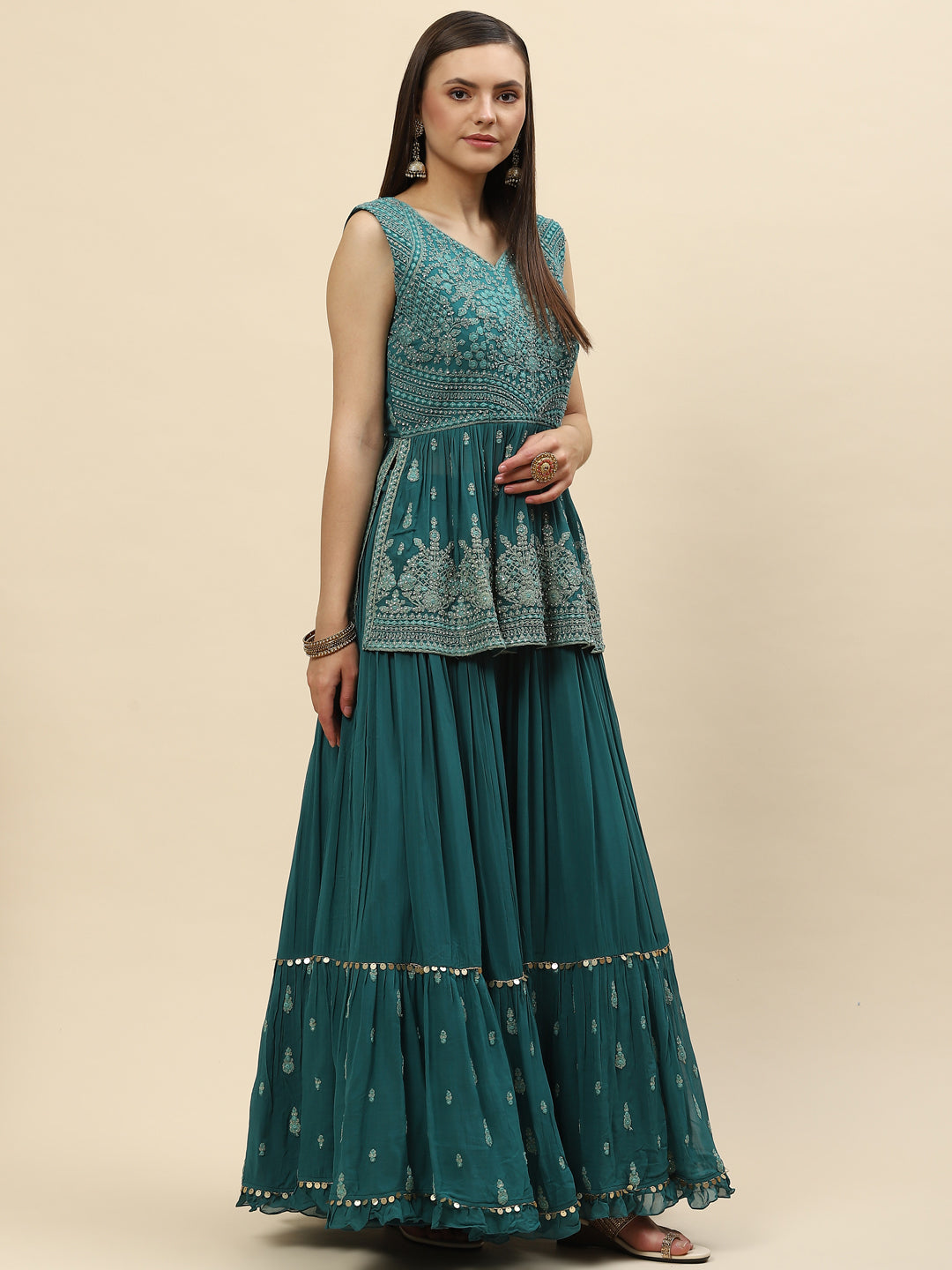 Resham Zari Embroidered Georgette Peplum Choli With Lehenga &amp; Dupatta