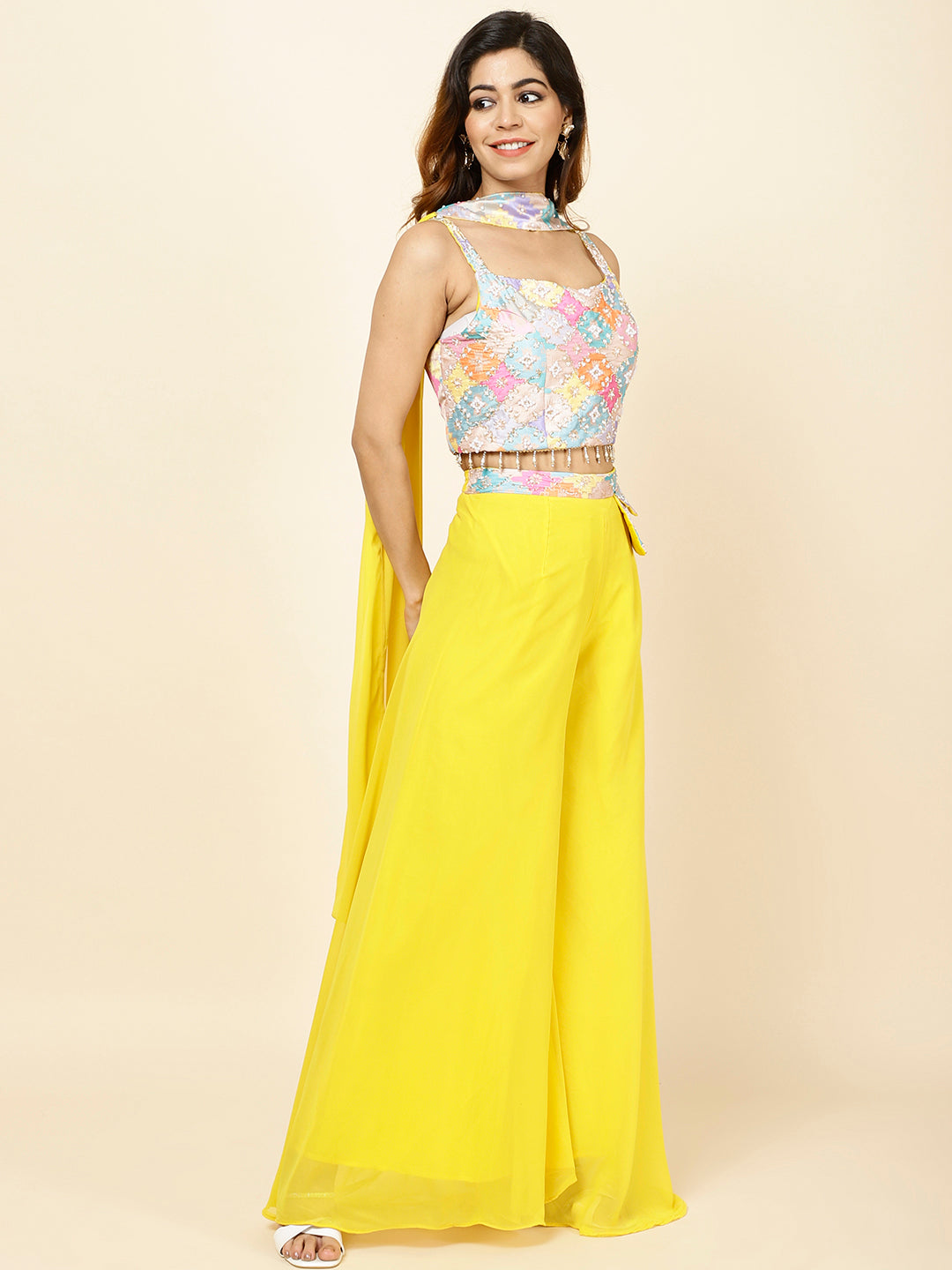 Neck Embroidered Georgette Crop Top With Palazzo &amp; Dupatta