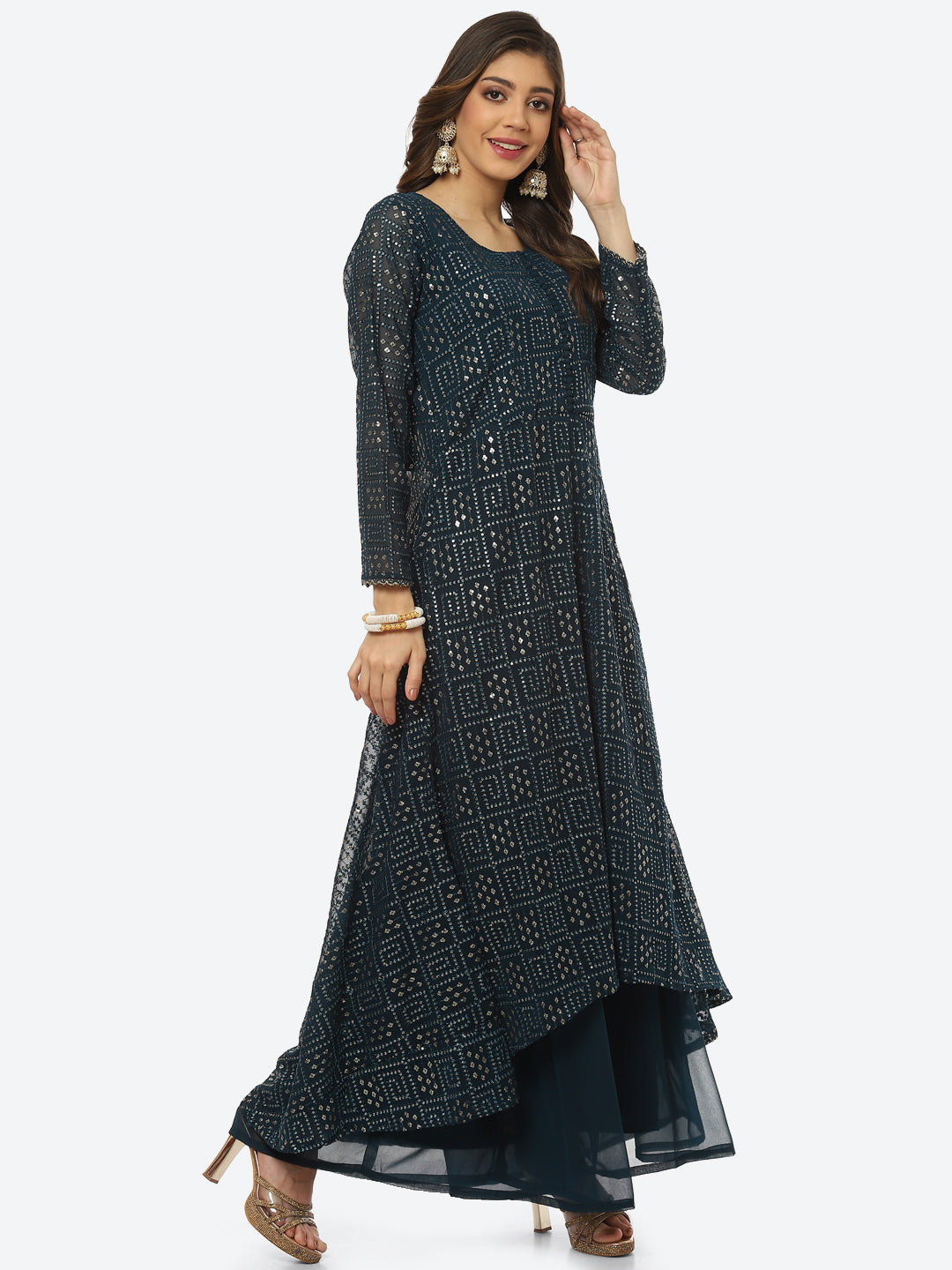Sequin Embroidered Art Georgette Kurta With Palazzo &amp; Georgette Dupatta