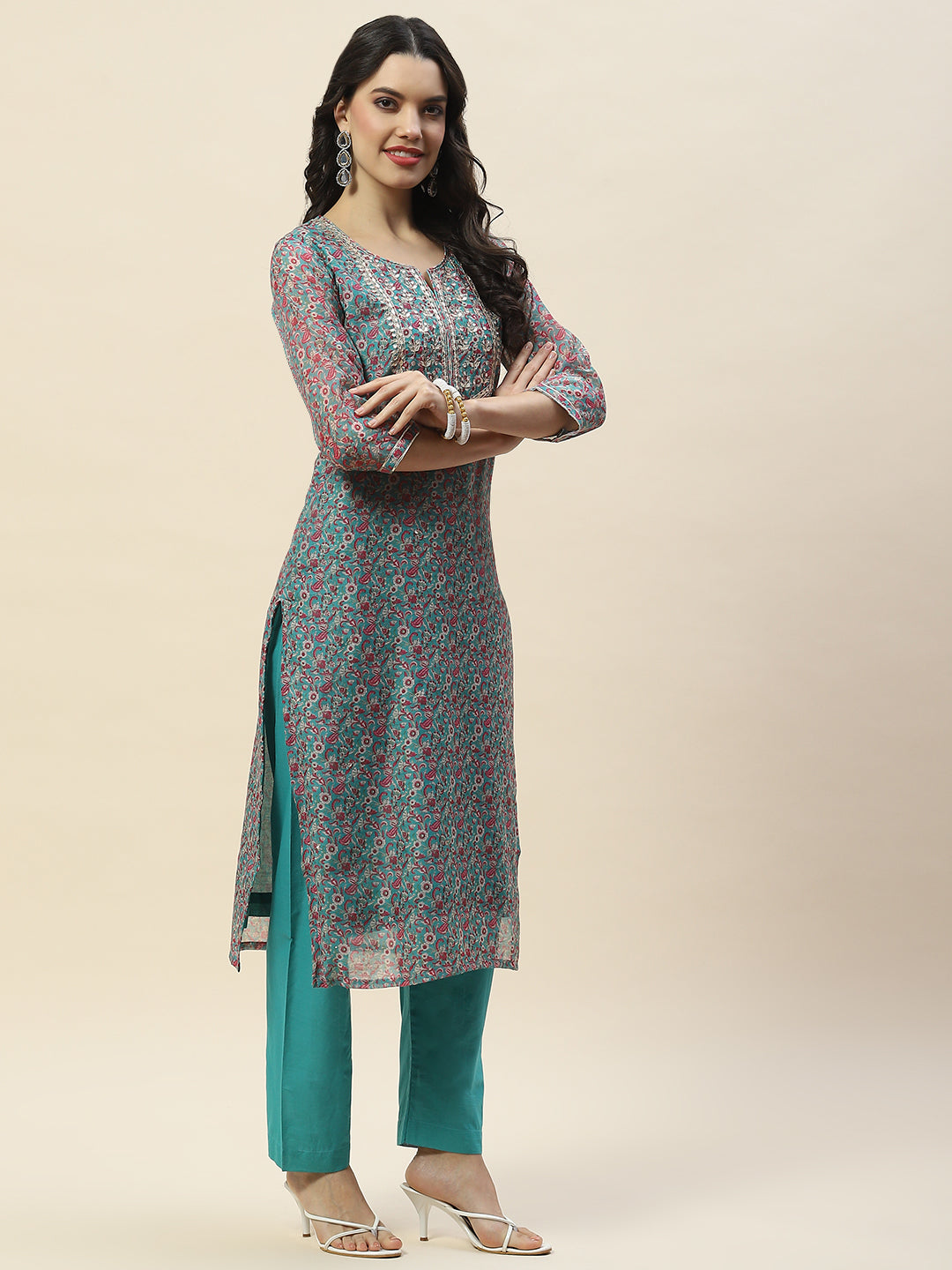 Printed Gota Work Chanderi Kurta With Pants