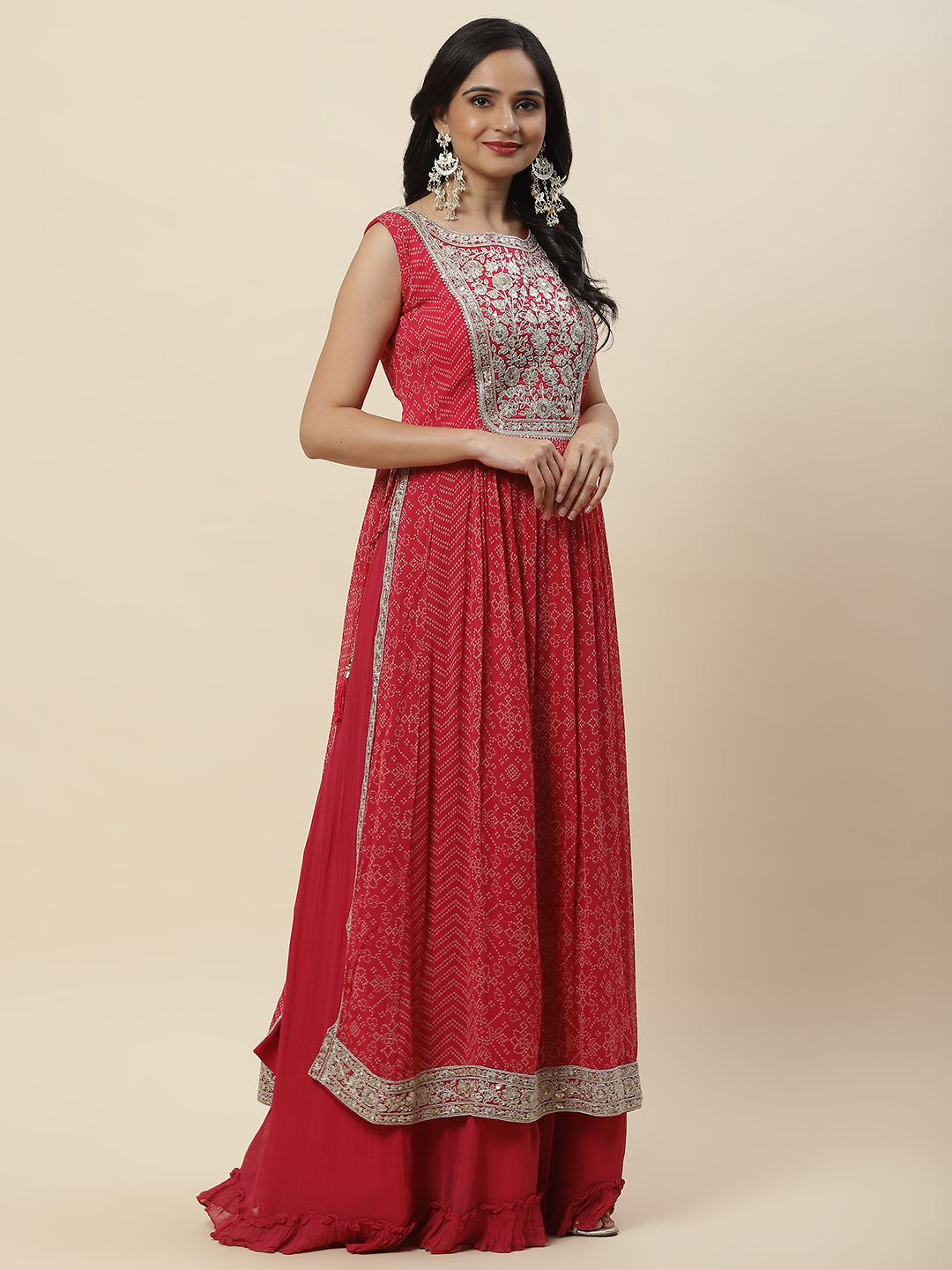 Bandhani Printed Georgette Long Kurta With Skirt &amp; Dupatta