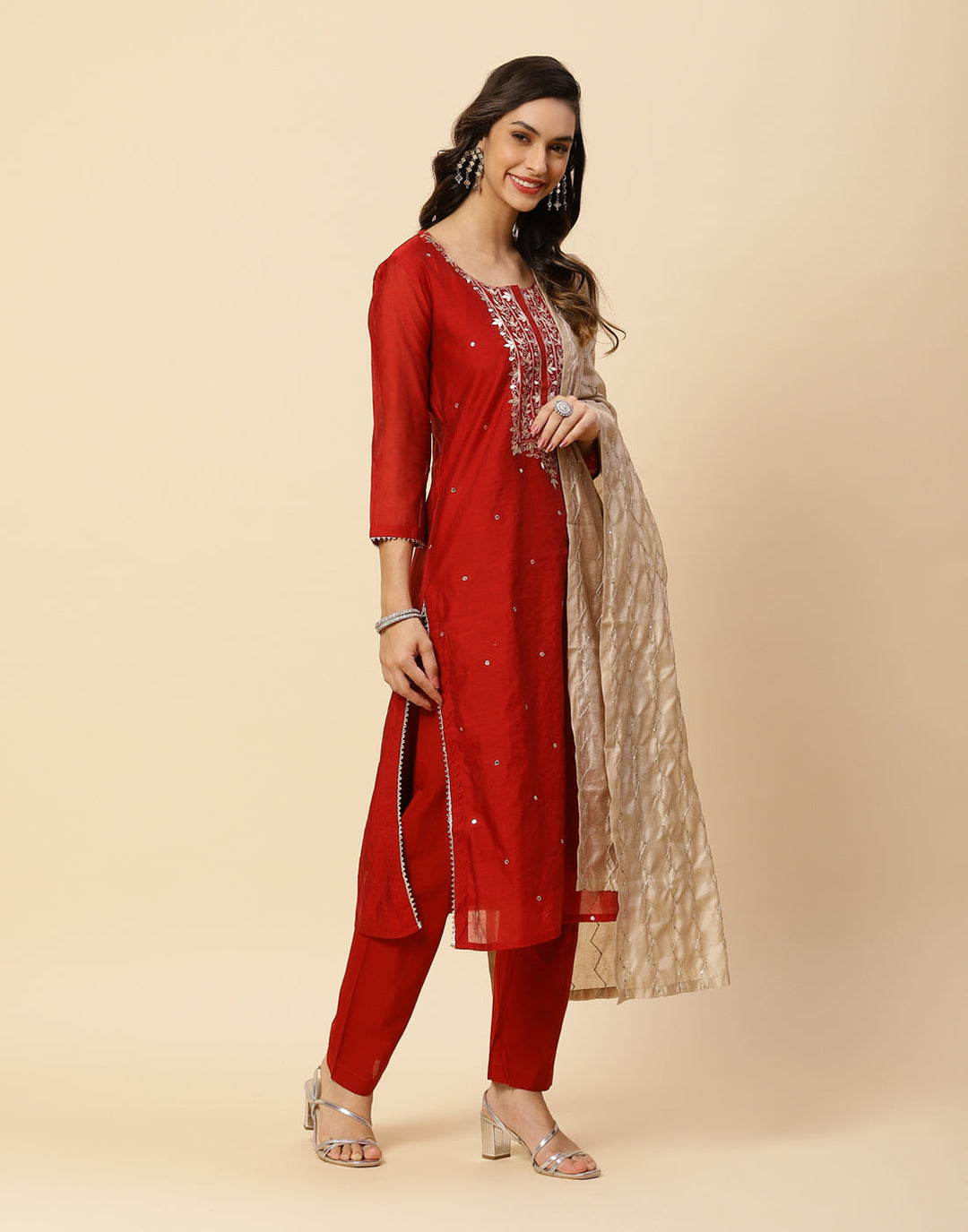 Embroidered Gota Work Cotton Salwar Kameez Stitched Suit With Chanderi Dupatta