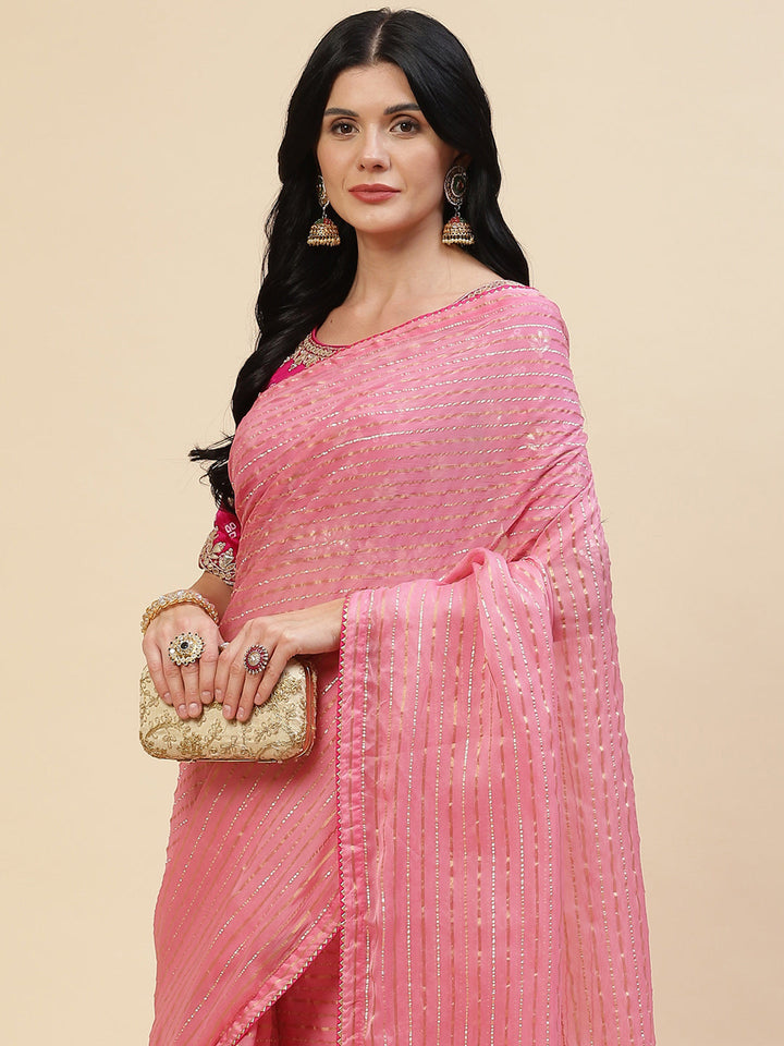 Stripes Embroidered Organza Saree
