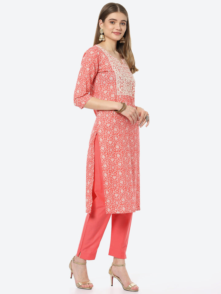 Resham Work Printed Chanderi Kurta With Pant
