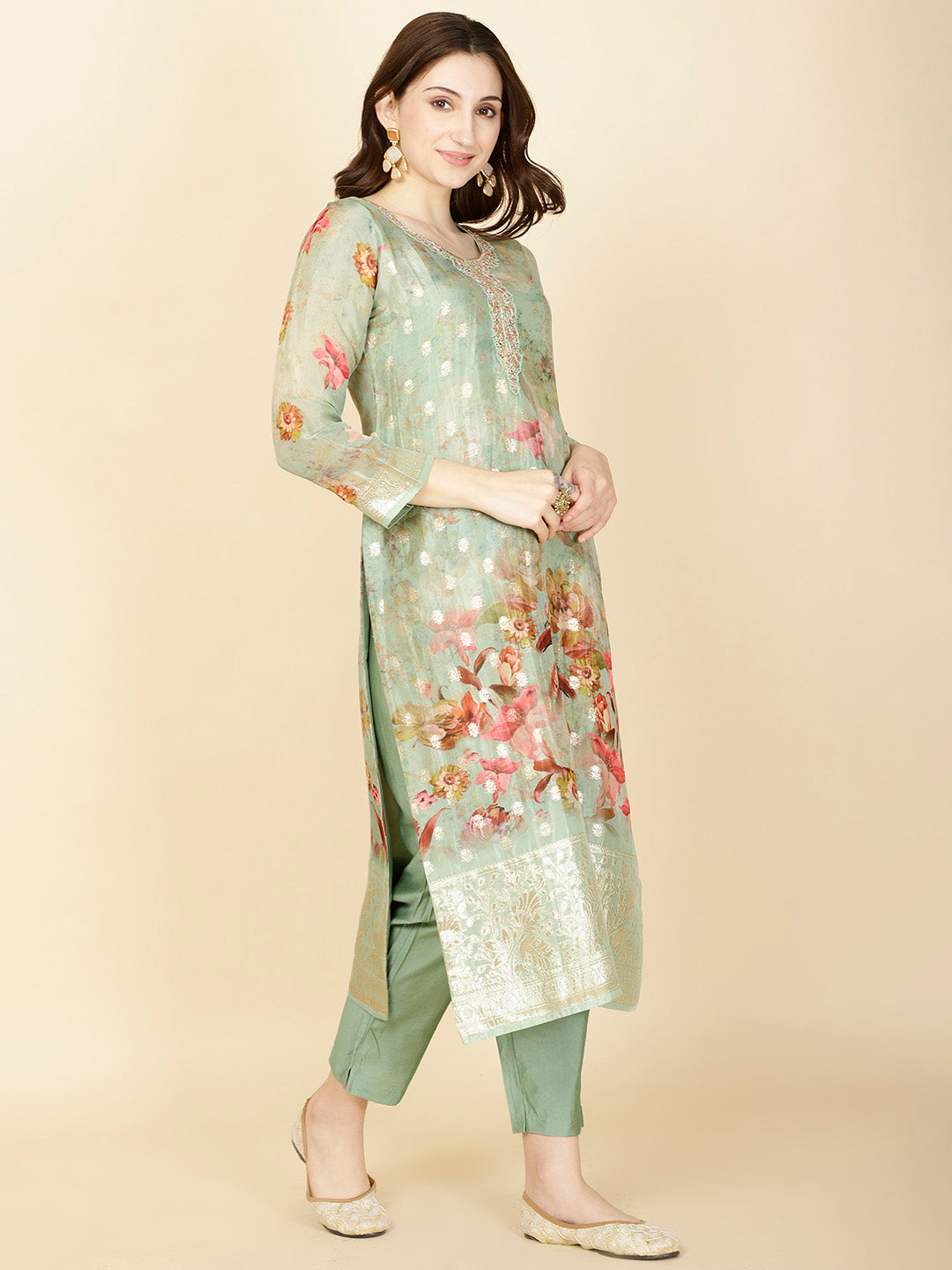 Floral Printed &amp; Woven Organza Kurta With Pants &amp; Dupatta