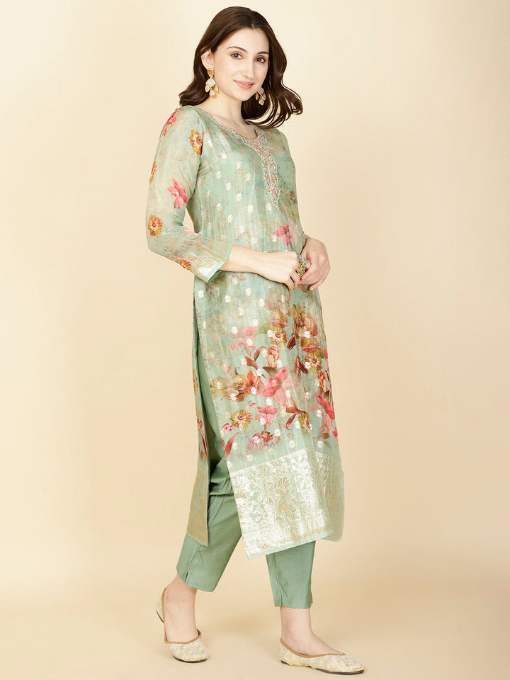 Floral Printed &amp; Woven Organza Kurta With Pants &amp; Dupatta