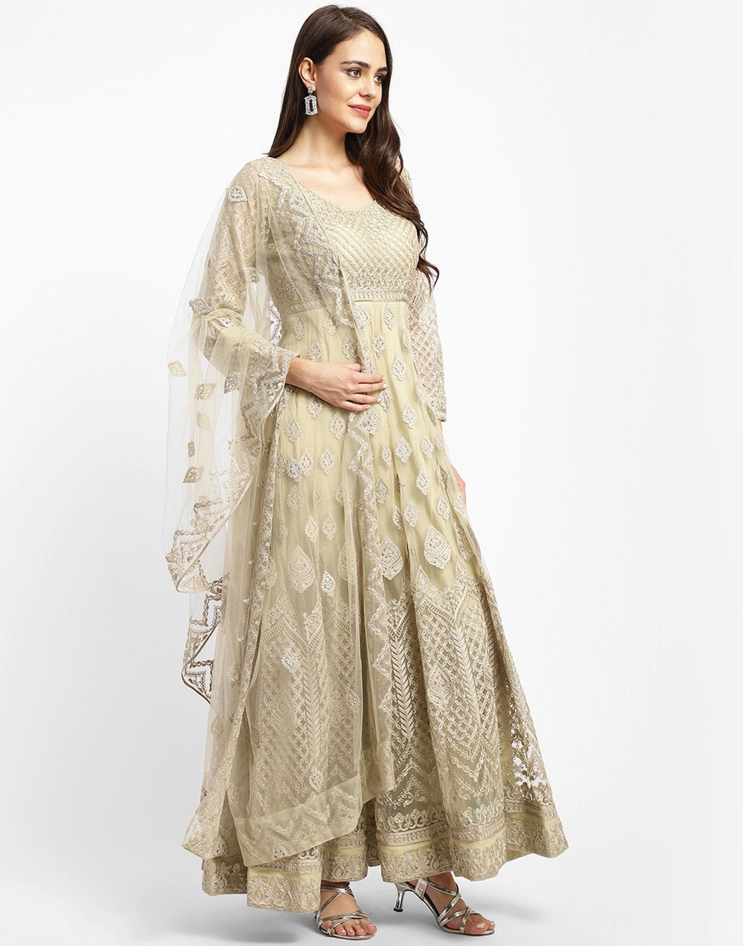 MBZ Meena Bazaar-Beautiful Cream Net Salwar Kameez Stitched Anarkali Suit