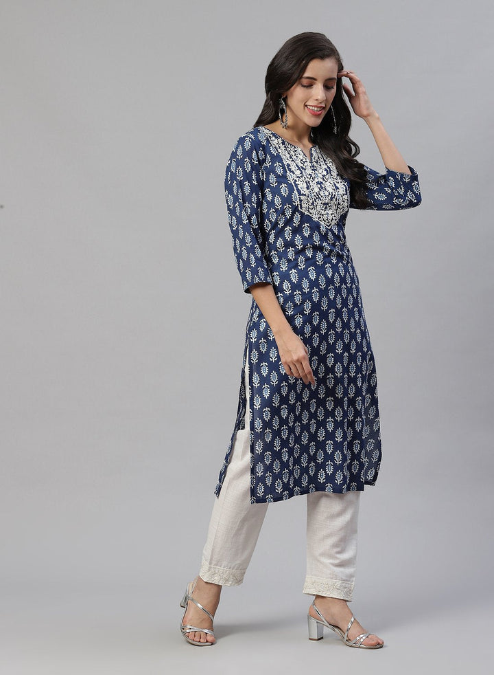 Yoke Embroidered Cotton Printed Kurti Pant Set