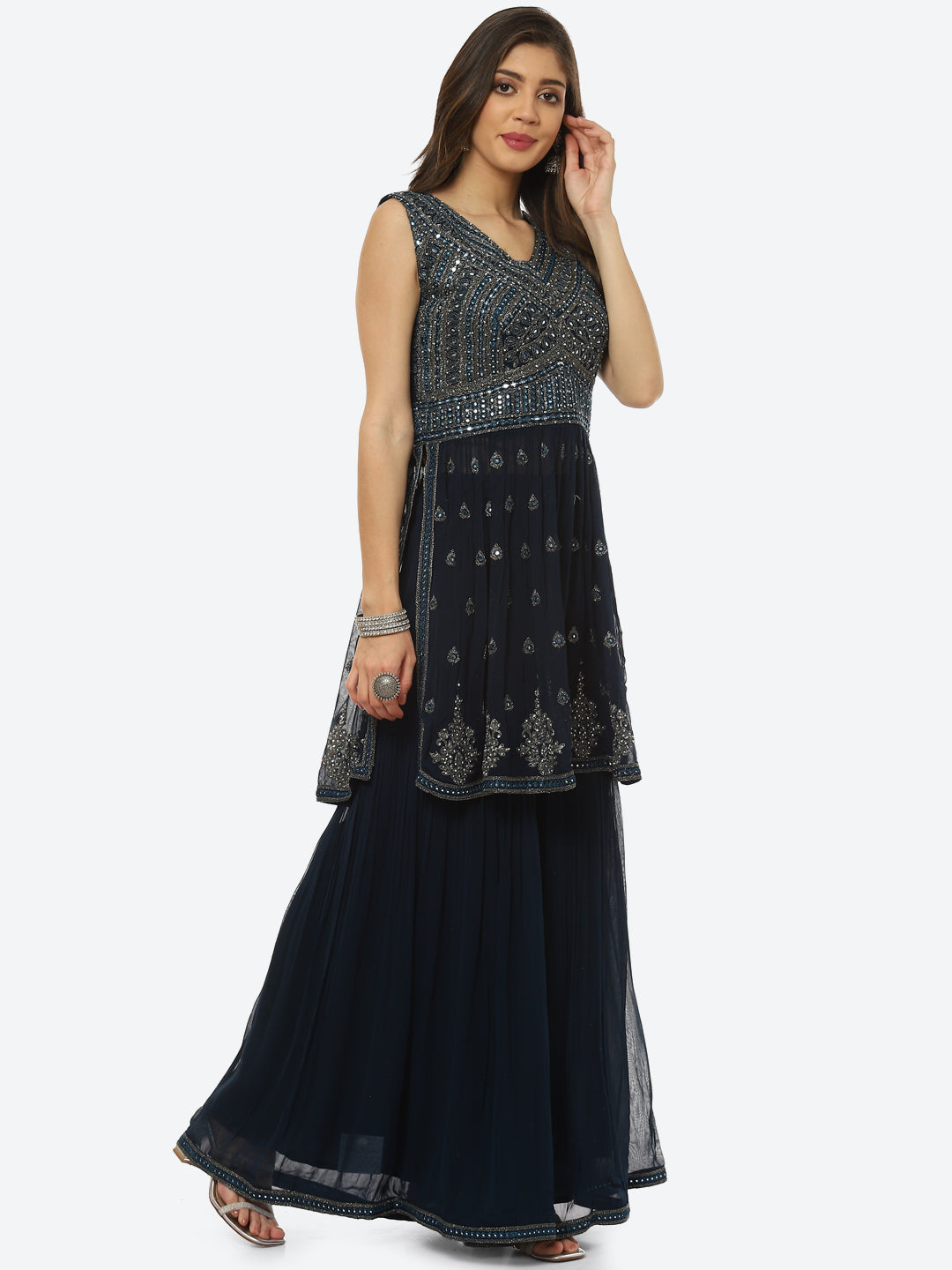 Embroidered Art Georgette Anarkali Kurti With Sharara And Net Dupatta